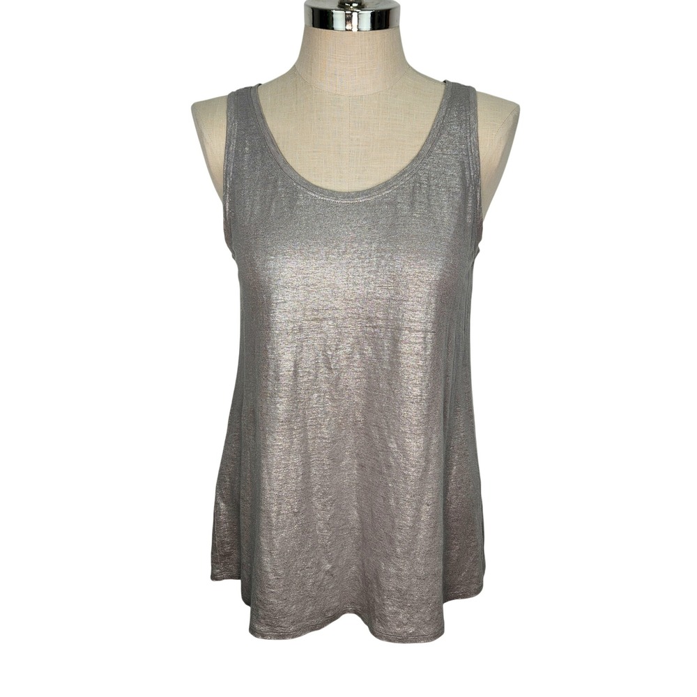 Eileen Fisher Metallic Silver 100% Linen Tank Top Scoop Neck Medium Sleeveless